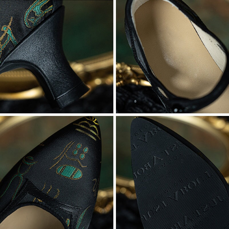 Handmade Vintage Mary Jane Jacquard Leather Pumps Eastern Cheongsam Shoes in Black/White/Blue