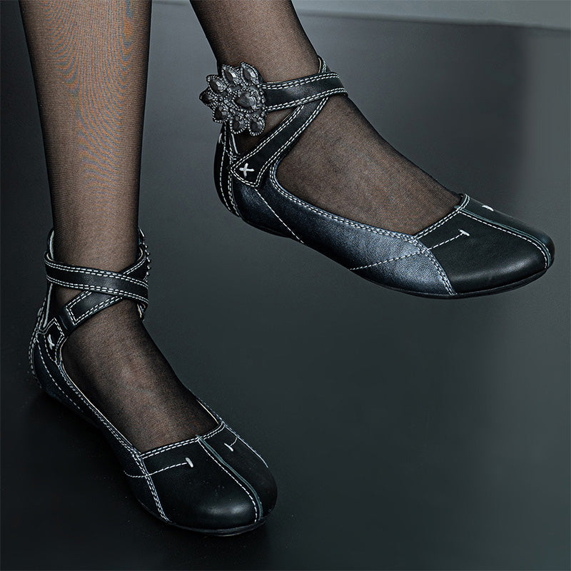 Handmade Vintage Patchwork Mary Jane Sandals Women Ankle Strap Flat Shoes in Black and Gray