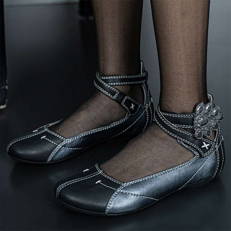 Handmade Vintage Patchwork Mary Jane Sandals Women Ankle Strap Flat Shoes in Black and Gray