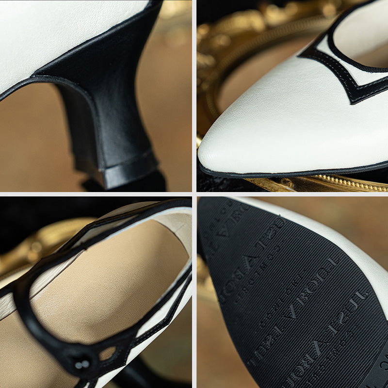 Handmade Vintage Point Toe Two-Tone Mary Jane Heels in Black and White