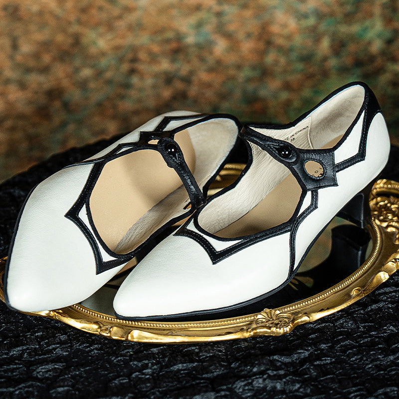 Handmade Vintage Point Toe Two-Tone Mary Jane Heels in Black and White