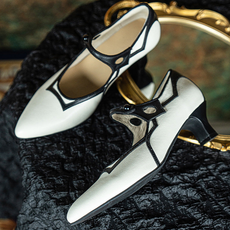 Handmade Vintage Point Toe Two-Tone Mary Jane Heels in Black and White