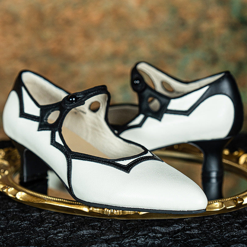 Handmade Vintage Point Toe Two-Tone Mary Jane Heels in Black and White