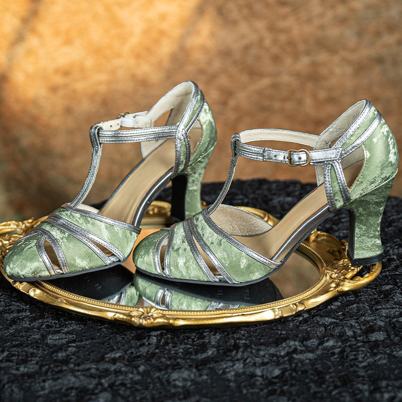 Handmade Vintage T-Strap Cutout Pumps Elegant Satin Leather Mary Jane Evening Shoes in Black/Green