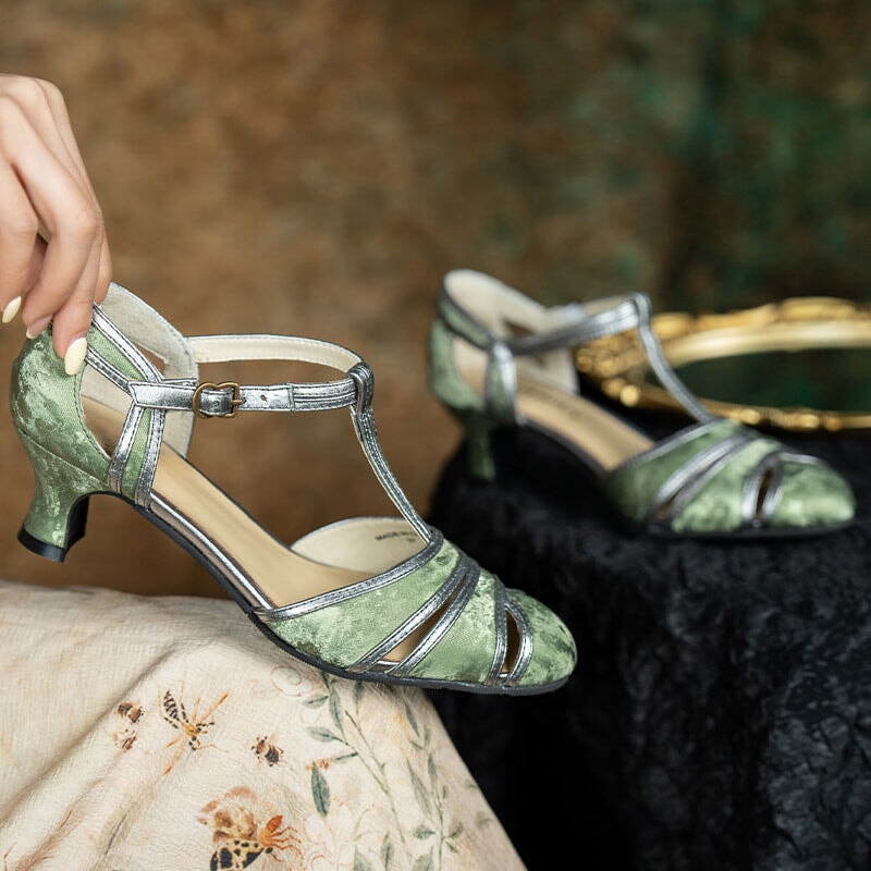 Handmade Vintage T-Strap Cutout Pumps Elegant Satin Leather Mary Jane Evening Shoes in Black/Green