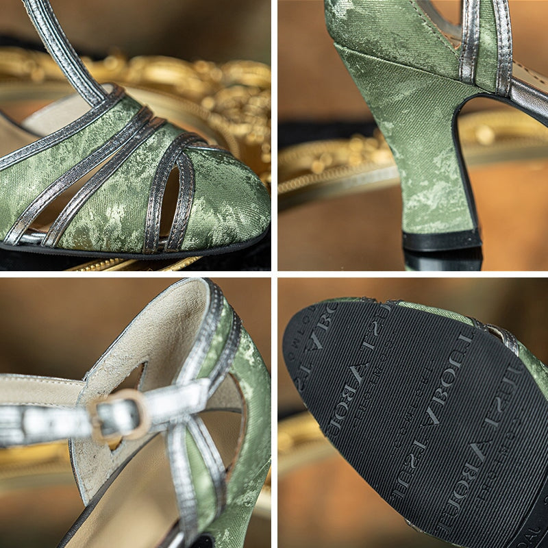 Handmade Vintage T-Strap Cutout Pumps Elegant Satin Leather Mary Jane Evening Shoes in Black/Green