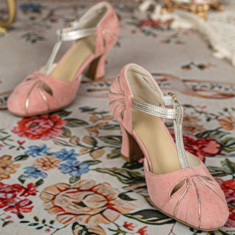 Handmade Vintage T-Strap Mary Jane Pumps Suede Leather Cutout Block Heel Shoes in Pink