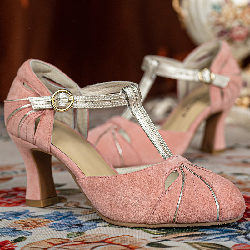 Handmade Vintage T-Strap Mary Jane Pumps Suede Leather Cutout Block Heel Shoes in Pink