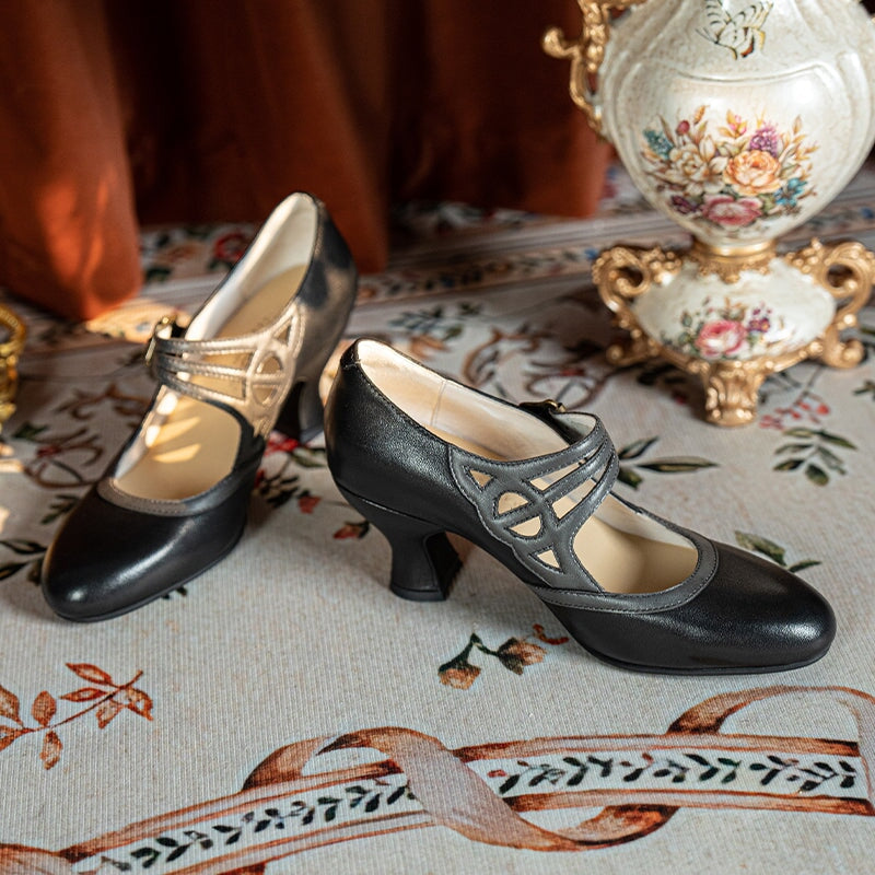 Handmade Vintage Two-Tone Mary Jane Pumps for Women with Metal Buckle in Black/Beige/Brown