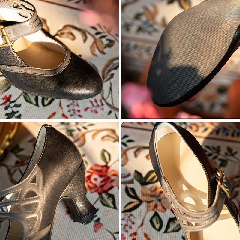 Handmade Vintage Two-Tone Mary Jane Pumps for Women with Metal Buckle in Black/Beige/Brown