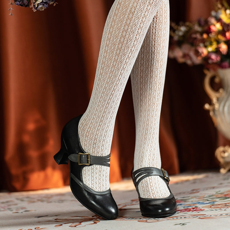Handmade Vintage Two-Tone Mary Jane Pumps for Women with Metal Buckle in Black/Beige/Brown