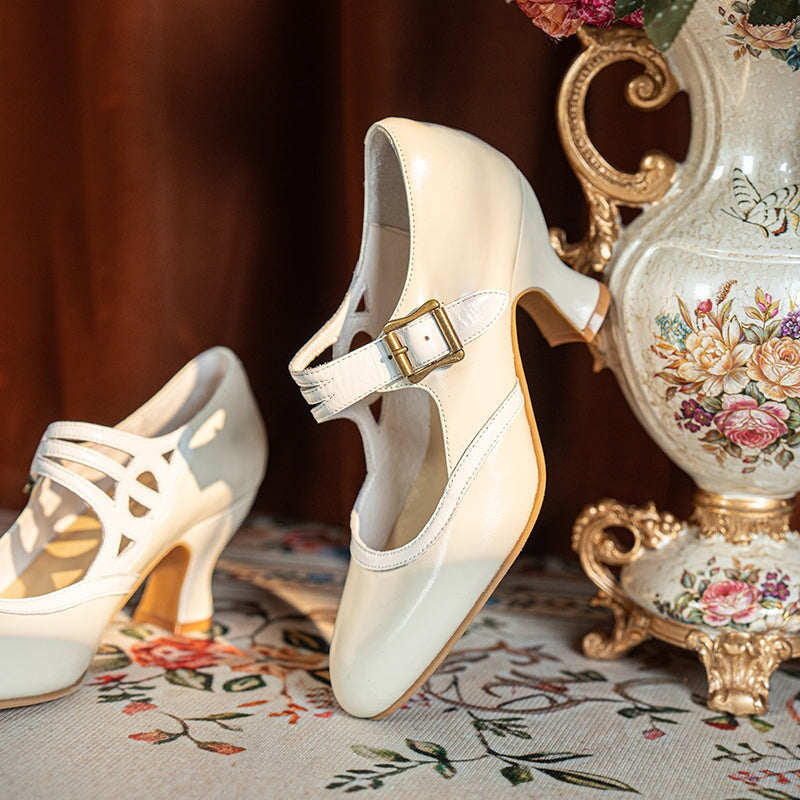 Handmade Vintage Two-Tone Mary Jane Pumps for Women with Metal Buckle in Black/Beige/Brown