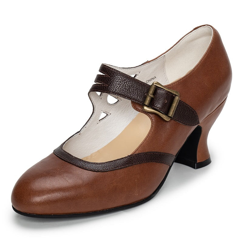 Handmade Vintage Two-Tone Mary Jane Pumps for Women with Metal Buckle in Black/Beige/Brown