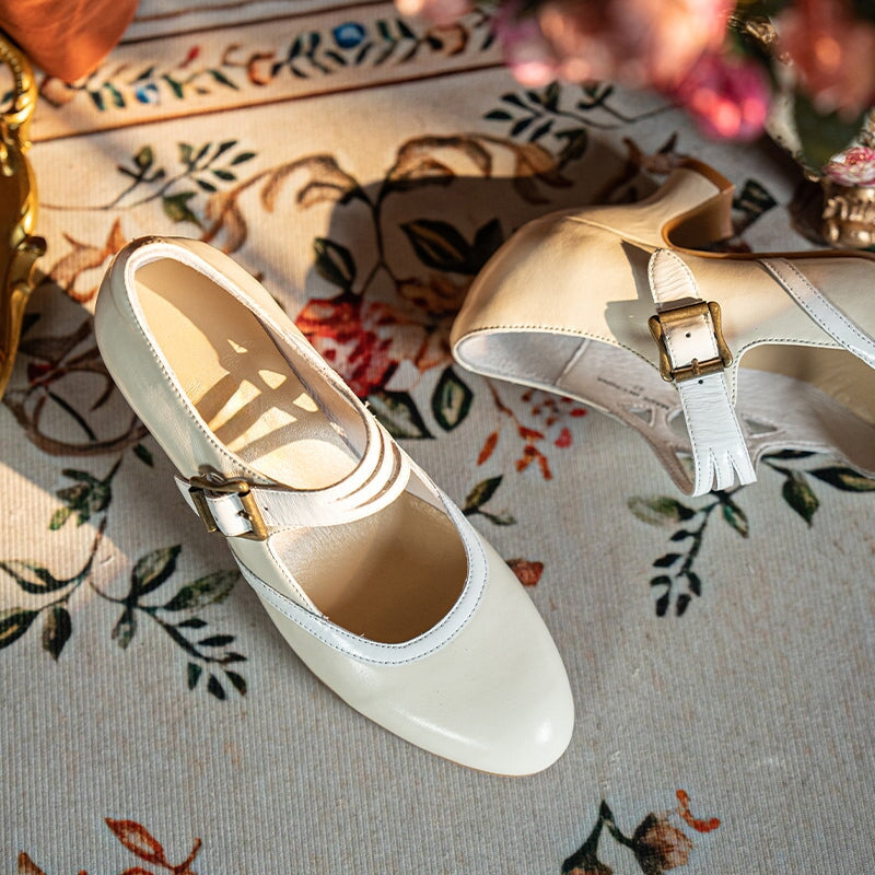 Handmade Vintage Two-Tone Mary Jane Pumps for Women with Metal Buckle in Black/Beige/Brown