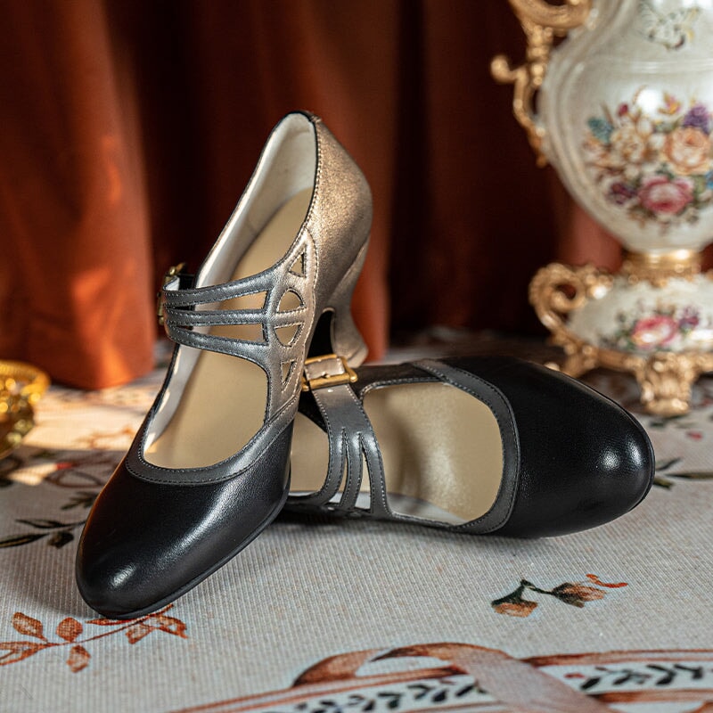 Handmade Vintage Two-Tone Mary Jane Pumps for Women with Metal Buckle in Black/Beige/Brown