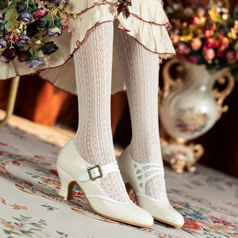 Handmade Vintage Two-Tone Mary Jane Pumps for Women with Metal Buckle in Black/Beige/Brown