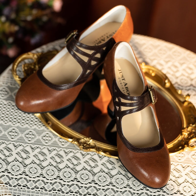Handmade Vintage Two-Tone Mary Jane Pumps for Women with Metal Buckle in Black/Beige/Brown