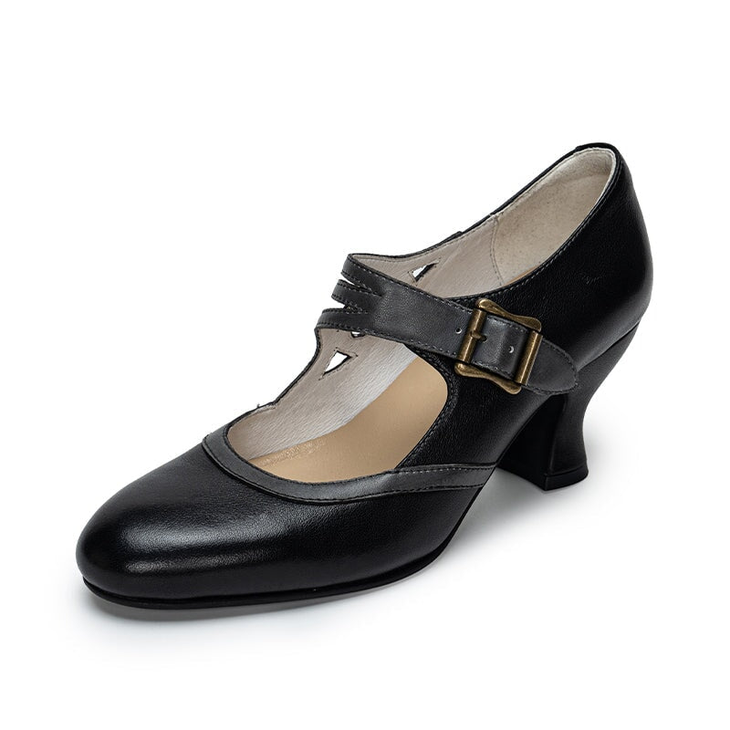 Handmade Vintage Two-Tone Mary Jane Pumps for Women with Metal Buckle in Black/Beige/Brown