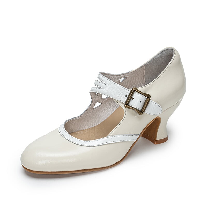 Handmade Vintage Two-Tone Mary Jane Pumps for Women with Metal Buckle in Black/Beige/Brown