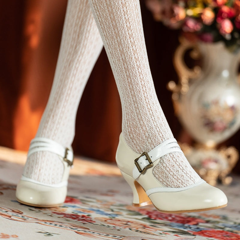 Handmade Vintage Two-Tone Mary Jane Pumps for Women with Metal Buckle in Black/Beige/Brown