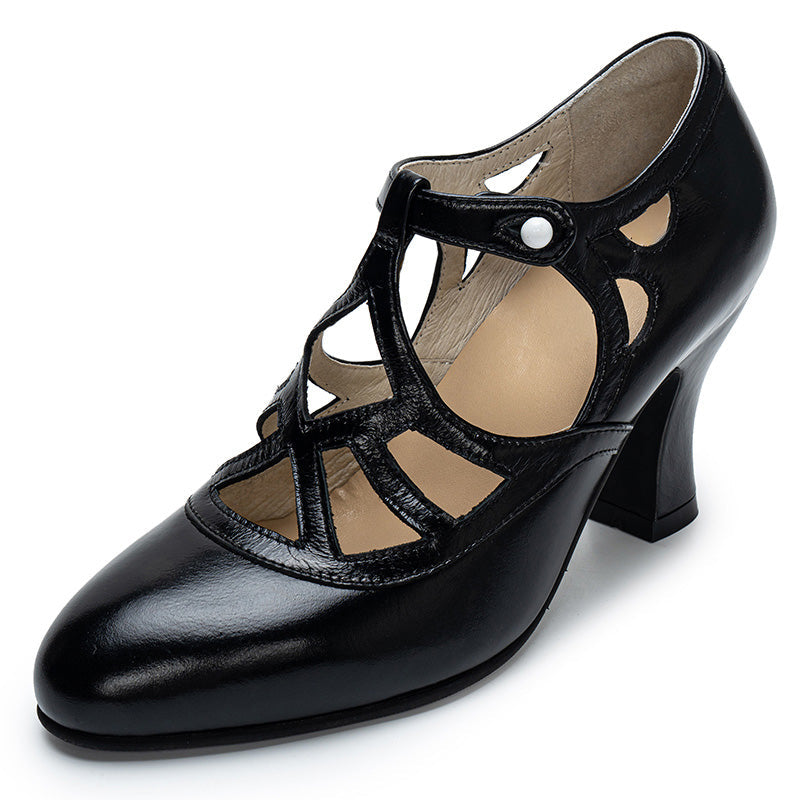 Handmade Vintage Waxing Cowhide Cutout T-Strap Mary Jane Heels in Black