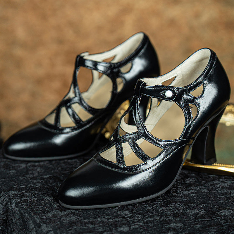 Handmade Vintage Waxing Cowhide Cutout T-Strap Mary Jane Heels in Black
