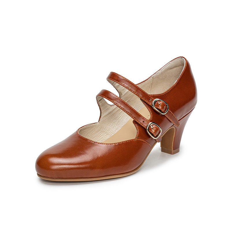 Handmade Vintage Waxing Cowhide Double-Strap Mary Jane Pumps in Red/Wine Red/Cognac