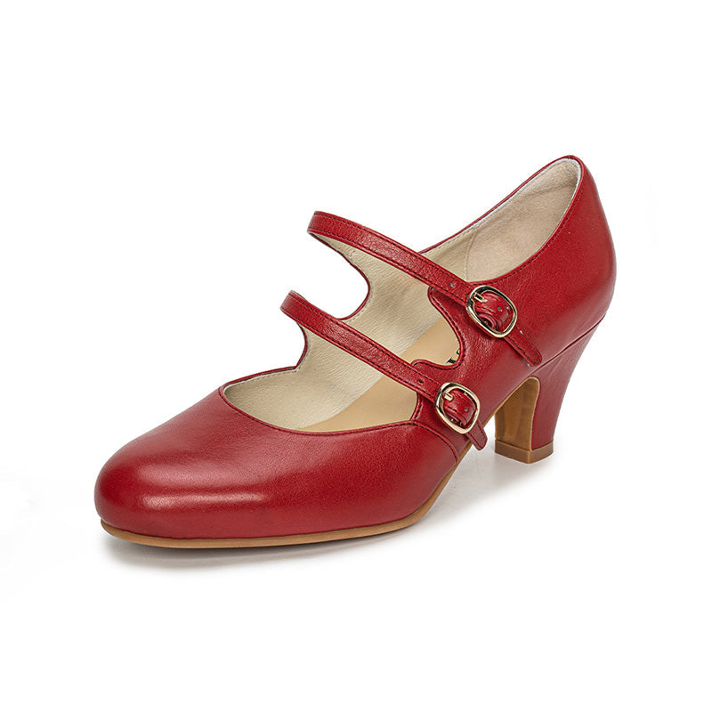 Handmade Vintage Waxing Cowhide Double-Strap Mary Jane Pumps in Red/Wine Red/Cognac