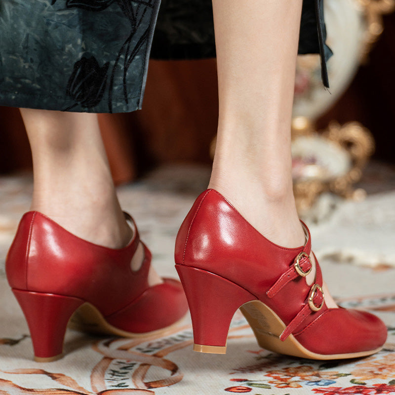 Handmade Vintage Waxing Cowhide Double-Strap Mary Jane Pumps in Red/Wine Red/Cognac