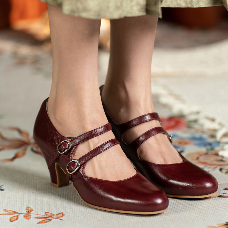 Handmade Vintage Waxing Cowhide Double-Strap Mary Jane Pumps in Red/Wine Red/Cognac