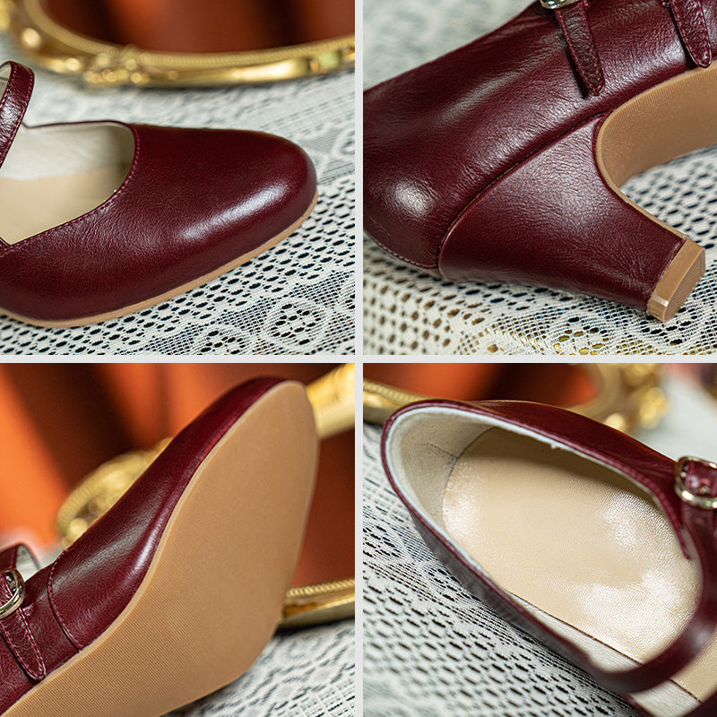 Handmade Vintage Waxing Cowhide Double-Strap Mary Jane Pumps in Red/Wine Red/Cognac