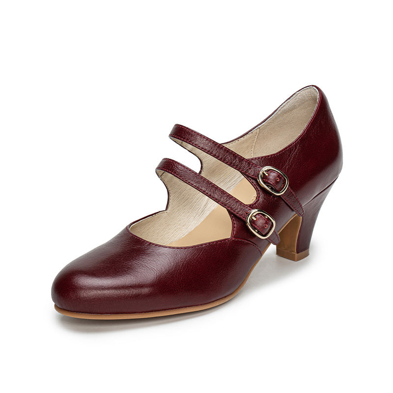 Handmade Vintage Waxing Cowhide Double-Strap Mary Jane Pumps in Red/Wine Red/Cognac