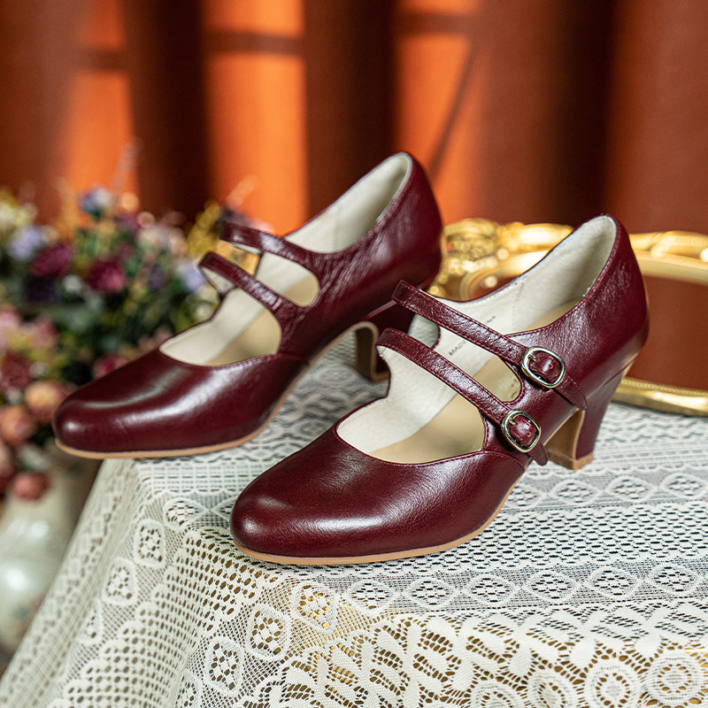 Handmade Vintage Waxing Cowhide Double-Strap Mary Jane Pumps in Red/Wine Red/Cognac