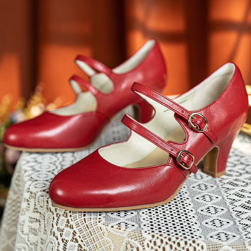 Handmade Vintage Waxing Cowhide Double-Strap Mary Jane Pumps in Red/Wine Red/Cognac
