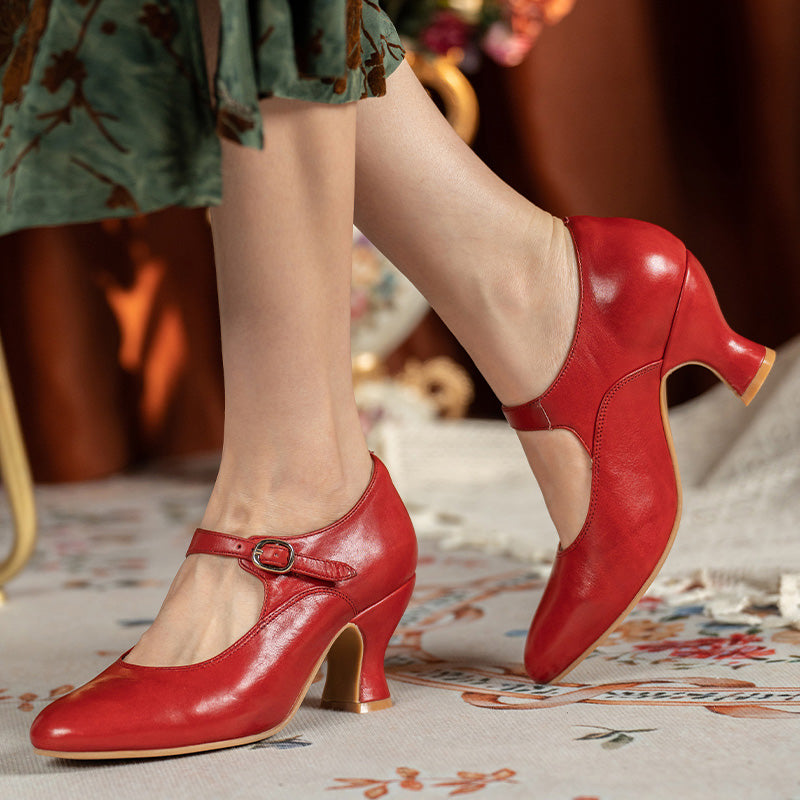 Handmade Vintage Waxing Cowhide Mary Jane Pumps Women in Black/Beige/Red/Cognac