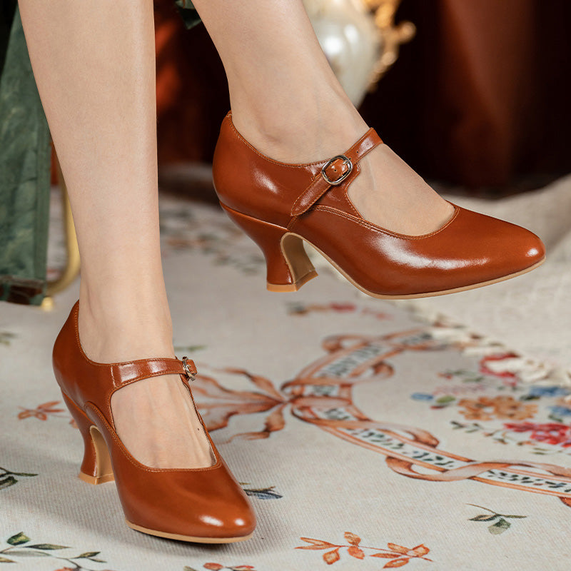 Handmade Vintage Waxing Cowhide Mary Jane Pumps Women in Black/Beige/Red/Cognac