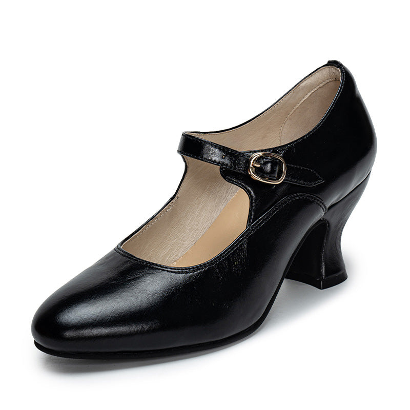 Handmade Vintage Waxing Cowhide Mary Jane Pumps Women in Black/Beige/Red/Cognac