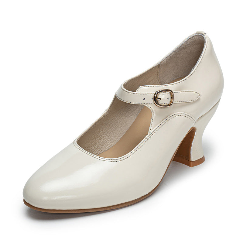 Handmade Vintage Waxing Cowhide Mary Jane Pumps Women in Black/Beige/Red/Cognac
