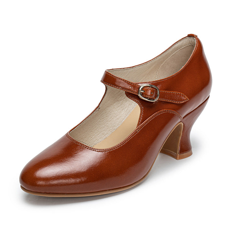 Handmade Vintage Waxing Cowhide Mary Jane Pumps Women in Black/Beige/Red/Cognac