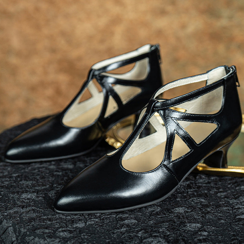 Handmade Vintage Waxing Leather Cutout T-Strap Mary Jane Heels in Black