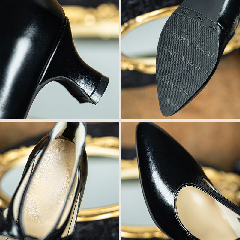 Handmade Vintage Waxing Leather Cutout T-Strap Mary Jane Heels in Black