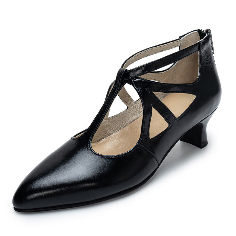 Handmade Vintage Waxing Leather Cutout T-Strap Mary Jane Heels in Black