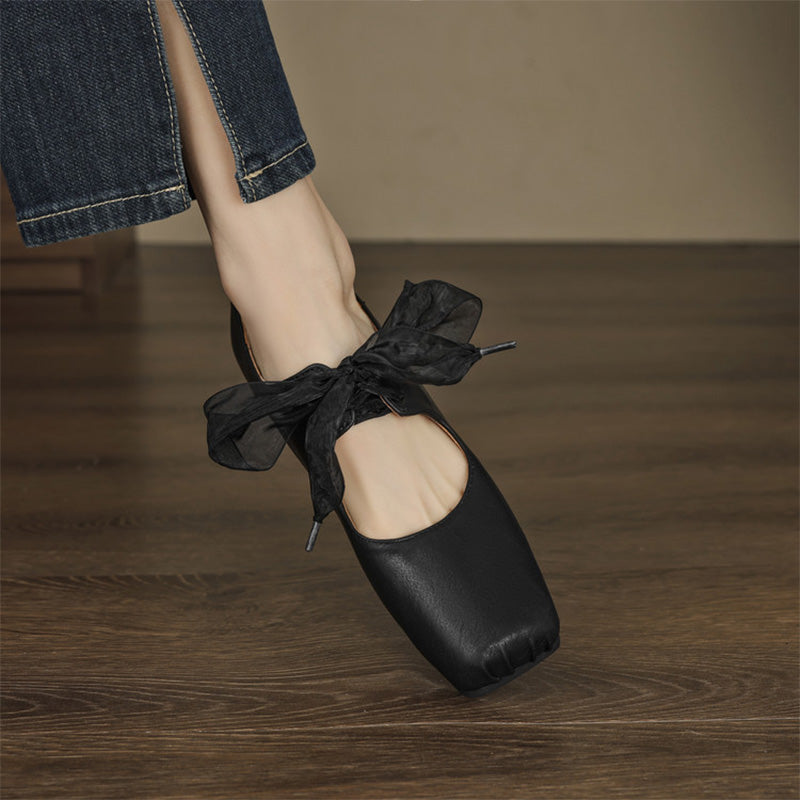 Handmade Washed Horse Leather Bow Tie Ballet Styles Mary Janes in Light Brown/Gray/Black