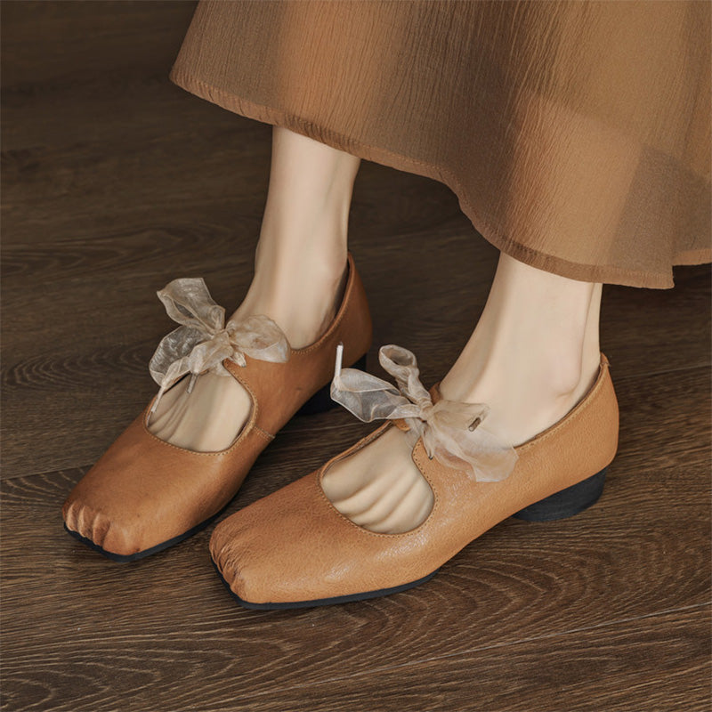 Handmade Washed Horse Leather Bow Tie Ballet Styles Mary Janes in Light Brown/Gray/Black