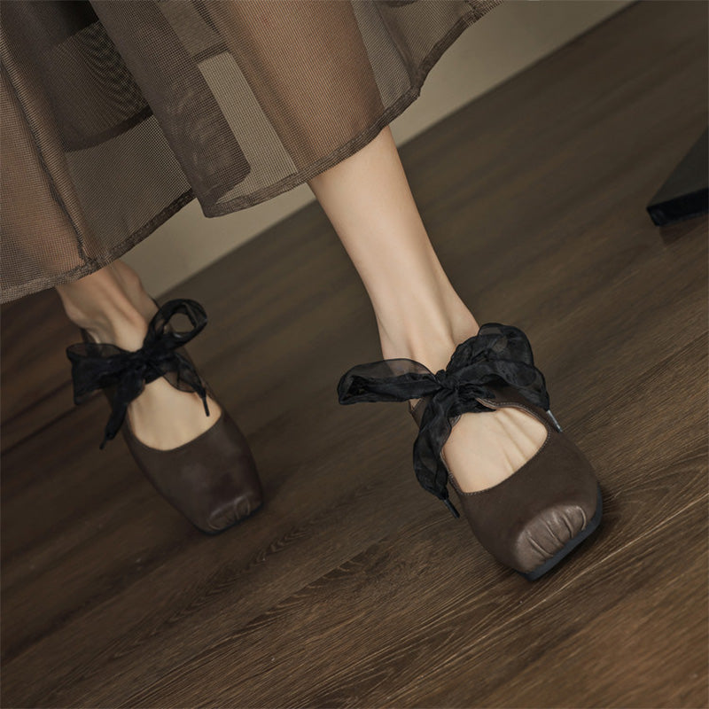 Handmade Washed Horse Leather Bow Tie Ballet Styles Mary Janes in Light Brown/Gray/Black