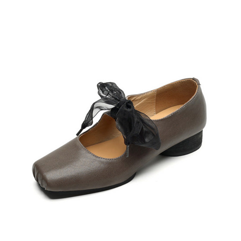 Handmade Washed Horse Leather Bow Tie Ballet Styles Mary Janes in Light Brown/Gray/Black
