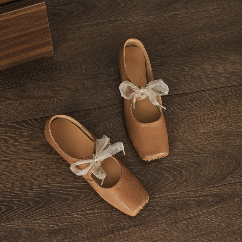 Handmade Washed Horse Leather Bow Tie Ballet Styles Mary Janes in Light Brown/Gray/Black