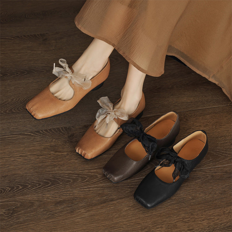 Handmade Washed Horse Leather Bow Tie Ballet Styles Mary Janes in Light Brown/Gray/Black