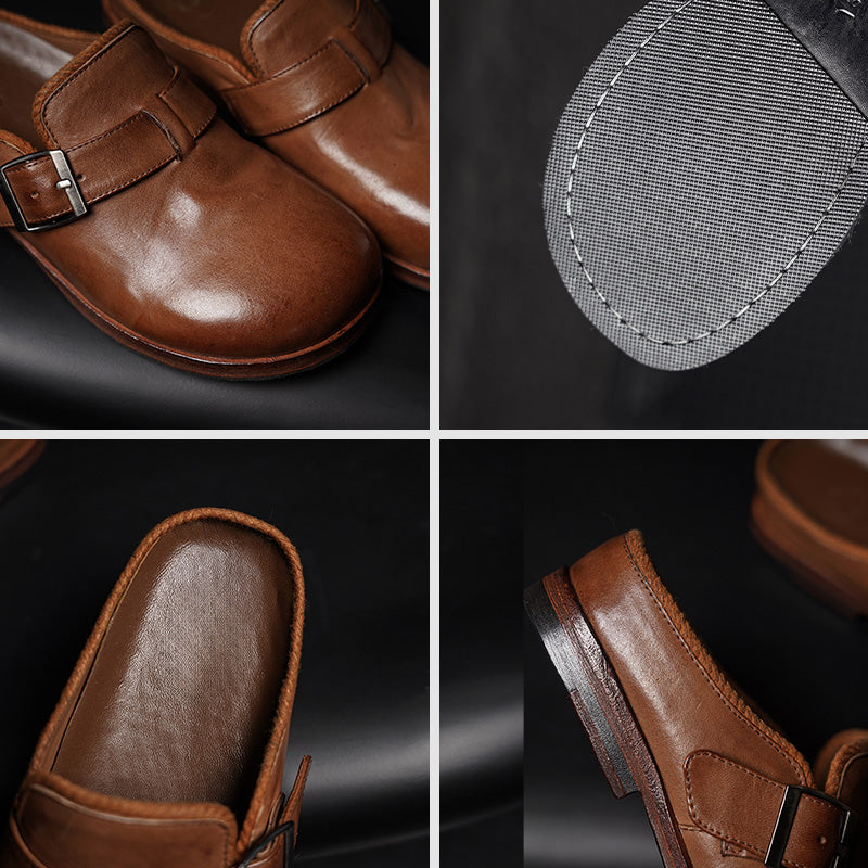 Handmade Washed Horse Leather Buckle Loafer Mules for Women in Brown/Black