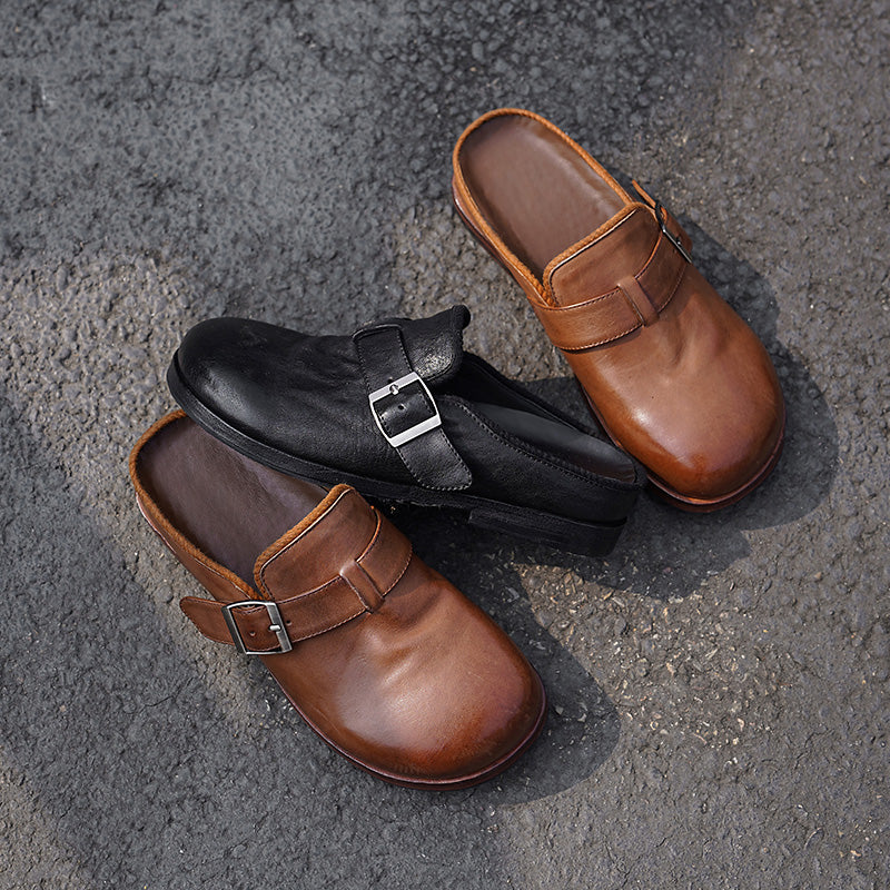 Handmade Washed Horse Leather Buckle Loafer Mules for Women in Brown/Black